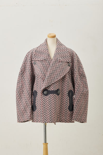 Wool Big collar Coat Pink Herringbone